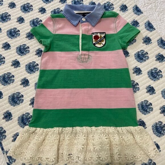 Ralph Lauren Toddler Girl Green and Pink Striped  w/ Lace Bottom Dress Size 3/3T - Picture 1 of 8
